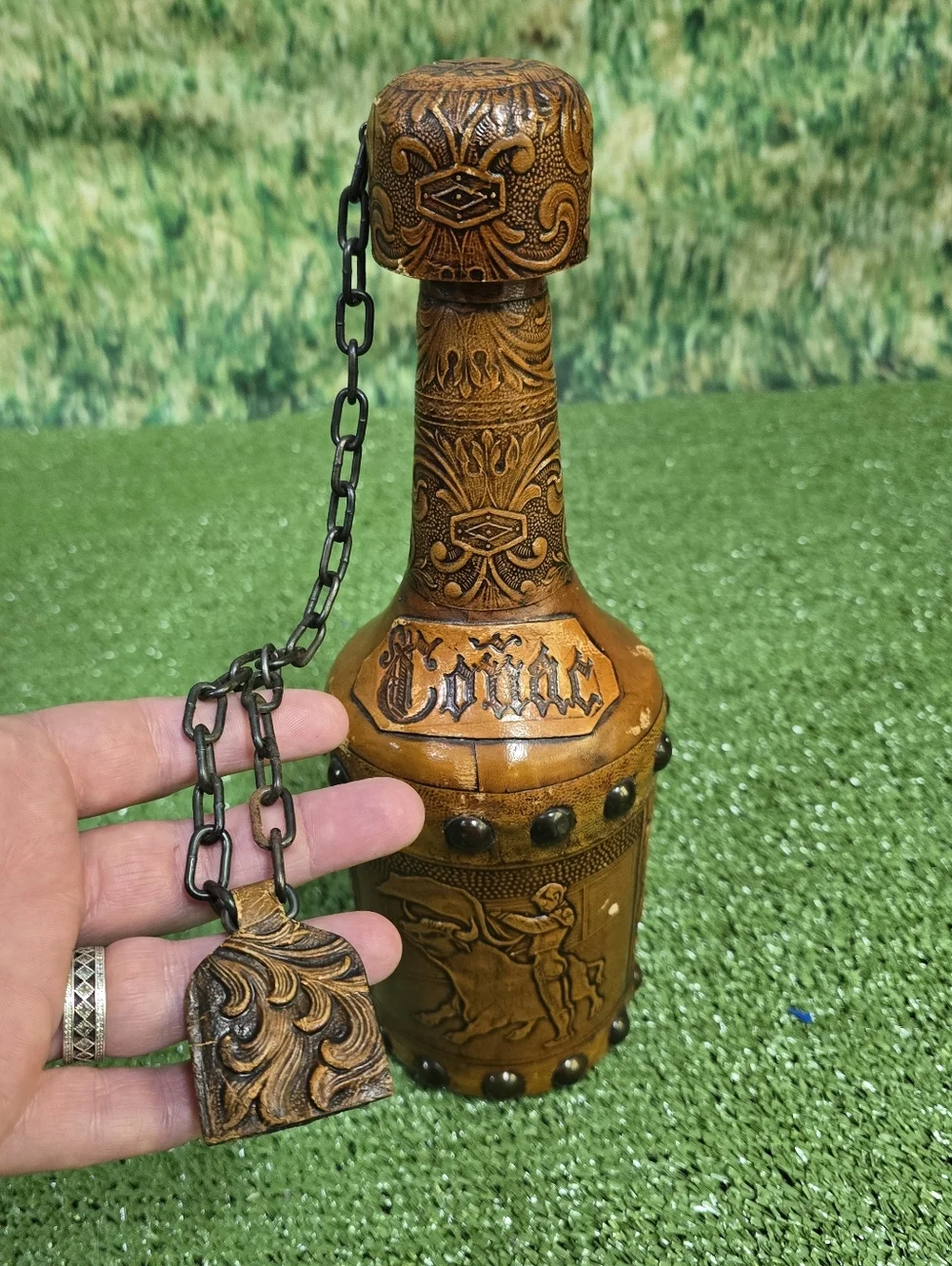 Vintage Handtooled Spanish Leather Glass Conac Decanter w Cork Plug Chain Tassel